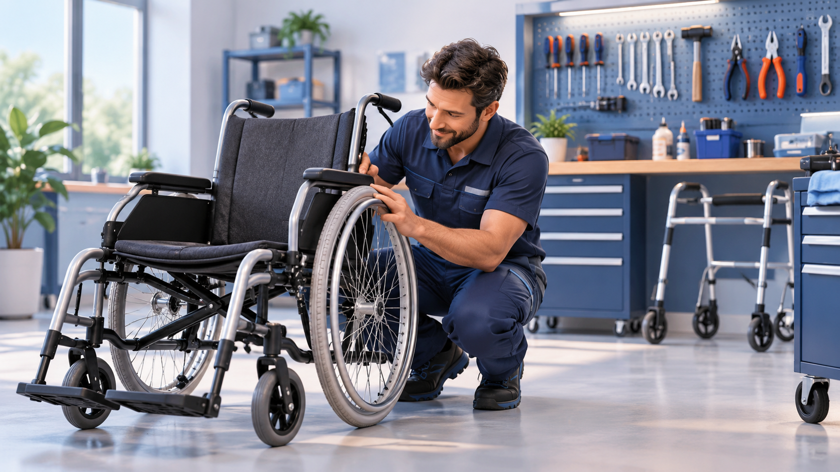 Illustration d’un technicien inspectant un fauteuil roulant dans un atelier